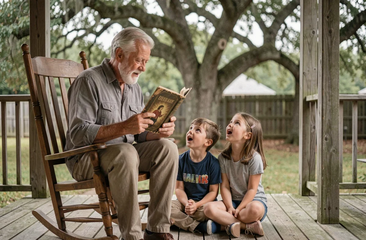 Grand-père lisant une histoire à voix haute à ses petits-enfants émerveillés sur une véranda en bois entourée de verdure