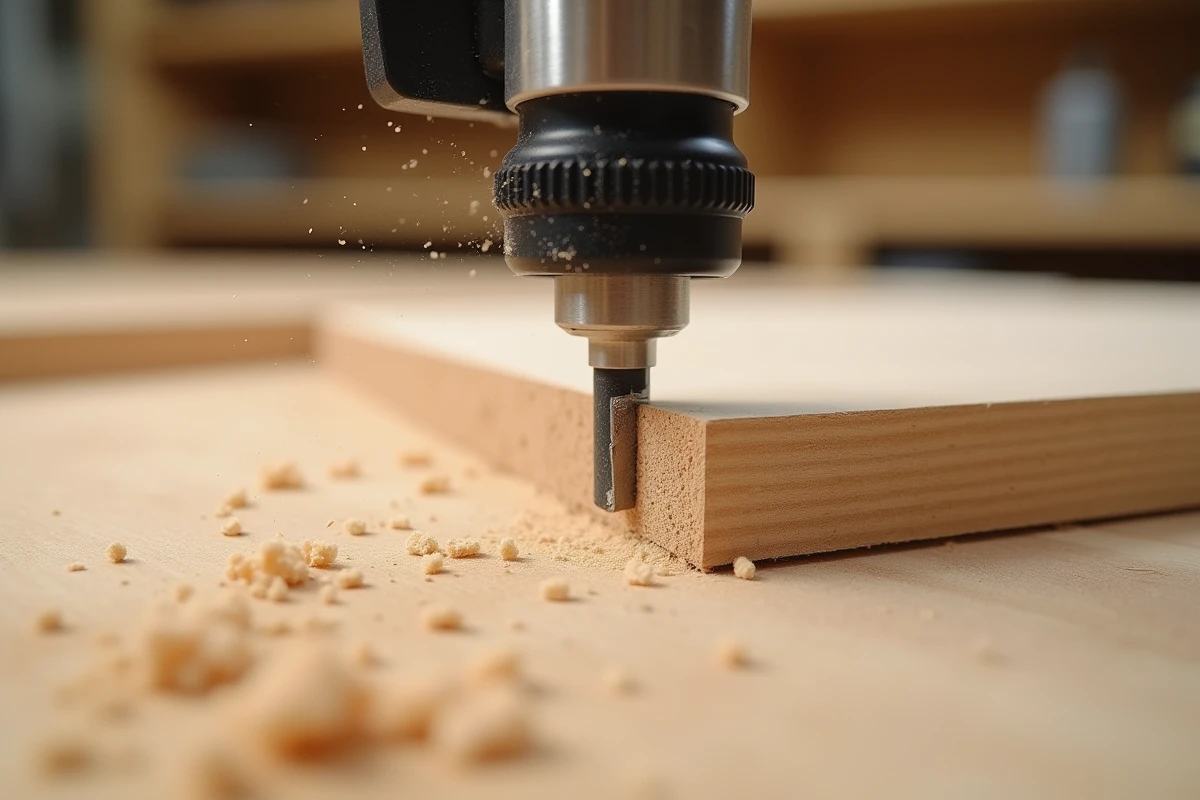 Gros plan sur un chanfrein réalisé à l'affleureuse sur une planche de pin avec des copeaux de bois