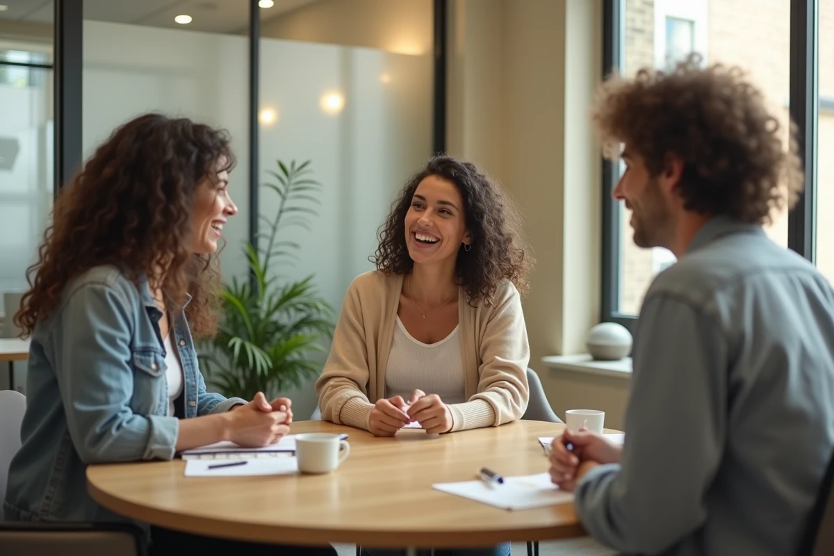 Groupe d'adultes discutant de santé et d'éducation autour d'une table dans un centre de bien-être