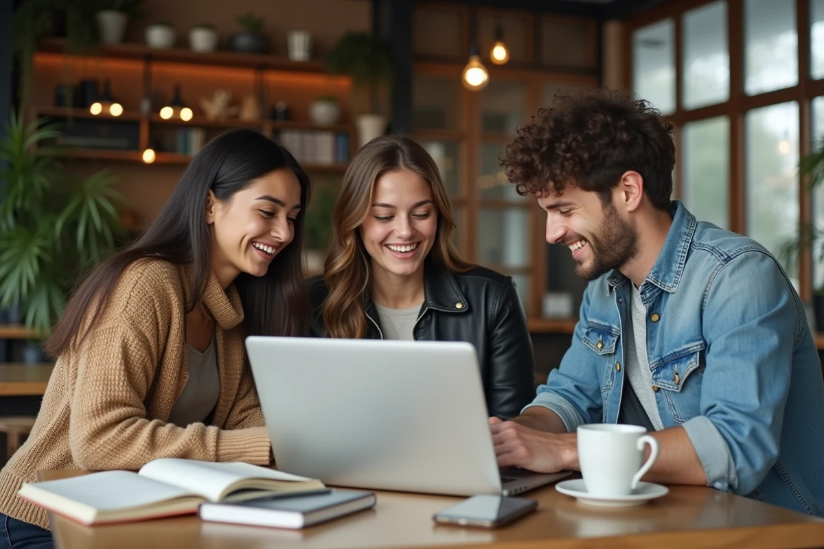 Groupe de jeunes adultes discutant de tendances 2024 autour d'un ordinateur portable dans un café indépendant et moderne