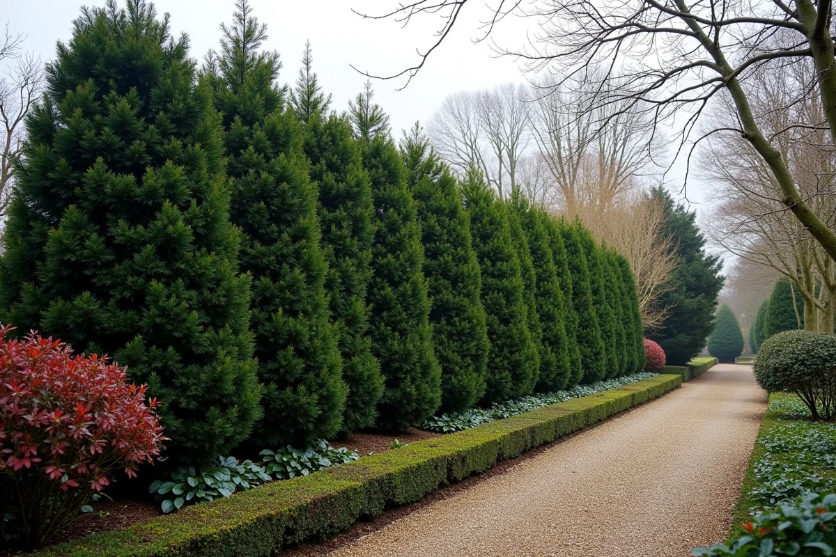 Haie persistante mixte composée de laurier, houx et photinia structurant un jardin en hiver avec feuillage dense et coloré