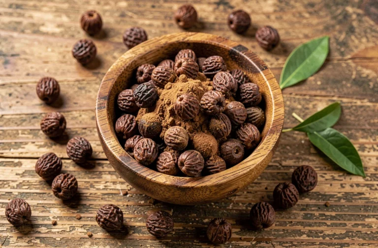 Fruits et poudre de haritaki dans un bol en bois sur une table rustique, illustrant les propriétés et effets secondaires potentiels de cette plante ayurvédique