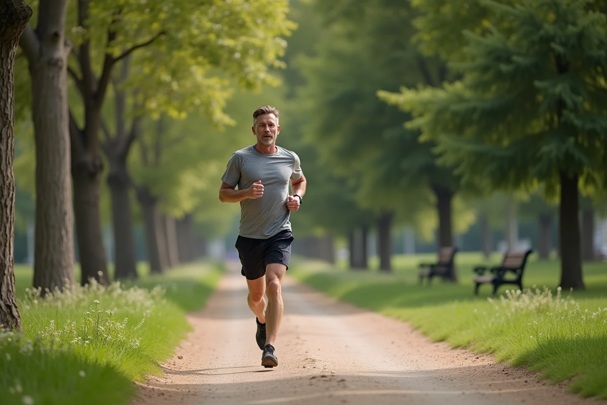 Homme en jogging courant dans un parc paisible