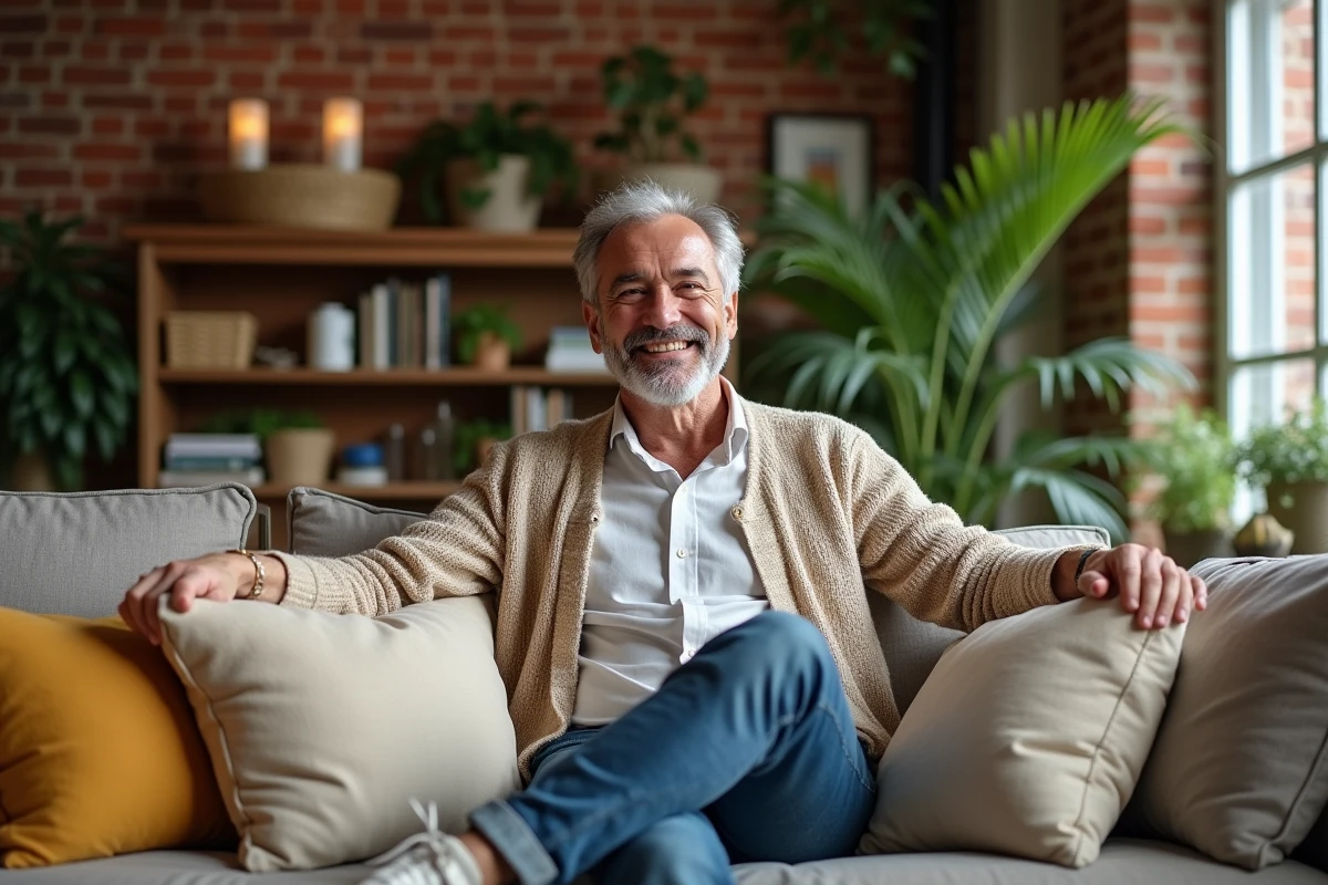 Homme arrangeant des coussins dans un intérieur accueillant