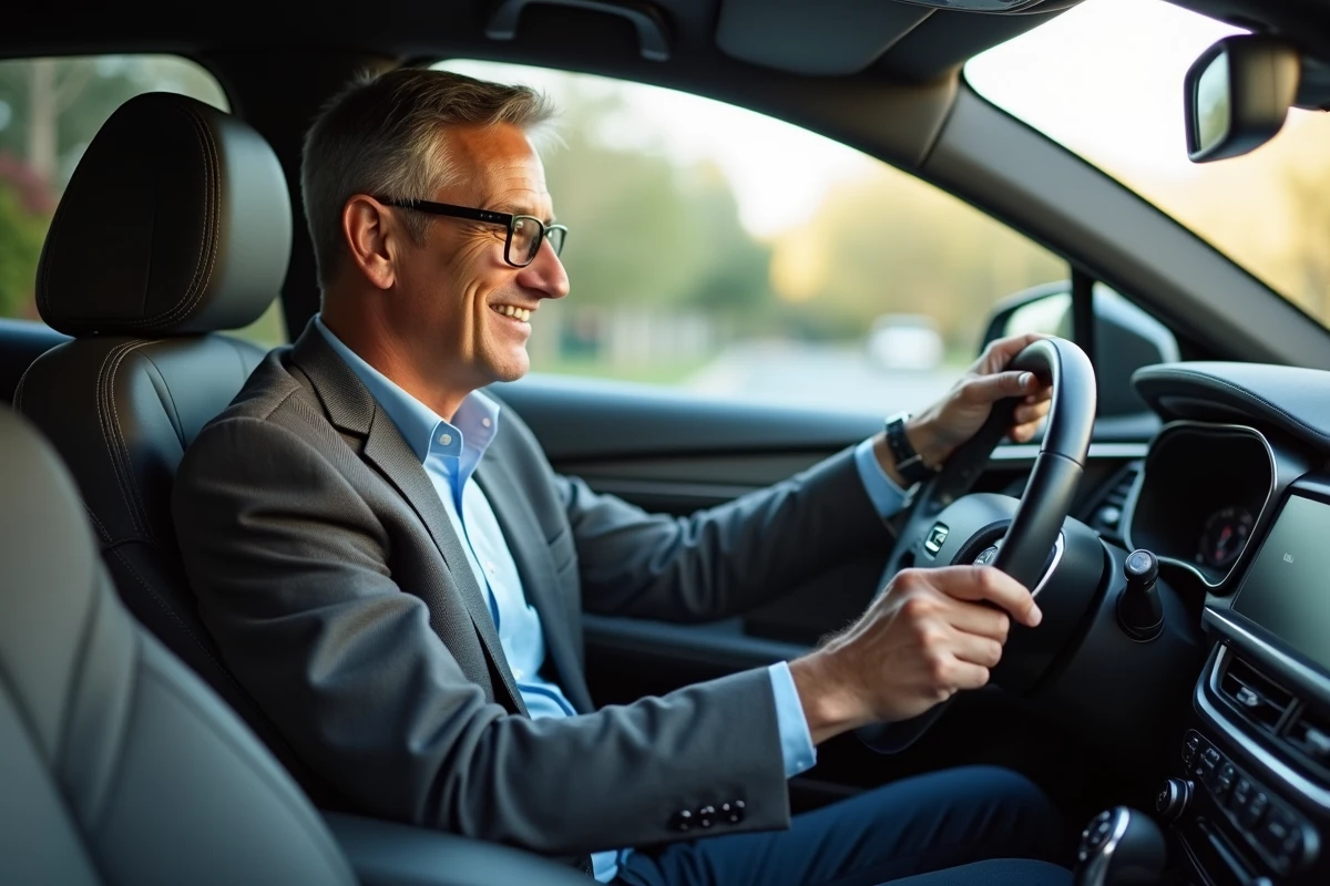 Homme dans la voiture examine le tableau de bord