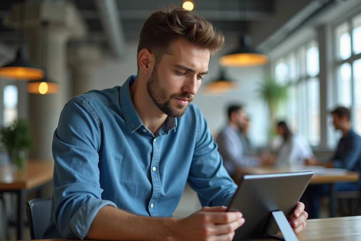 Homme consultant des offres d'emploi sur une tablette dans un espace de coworking moderne