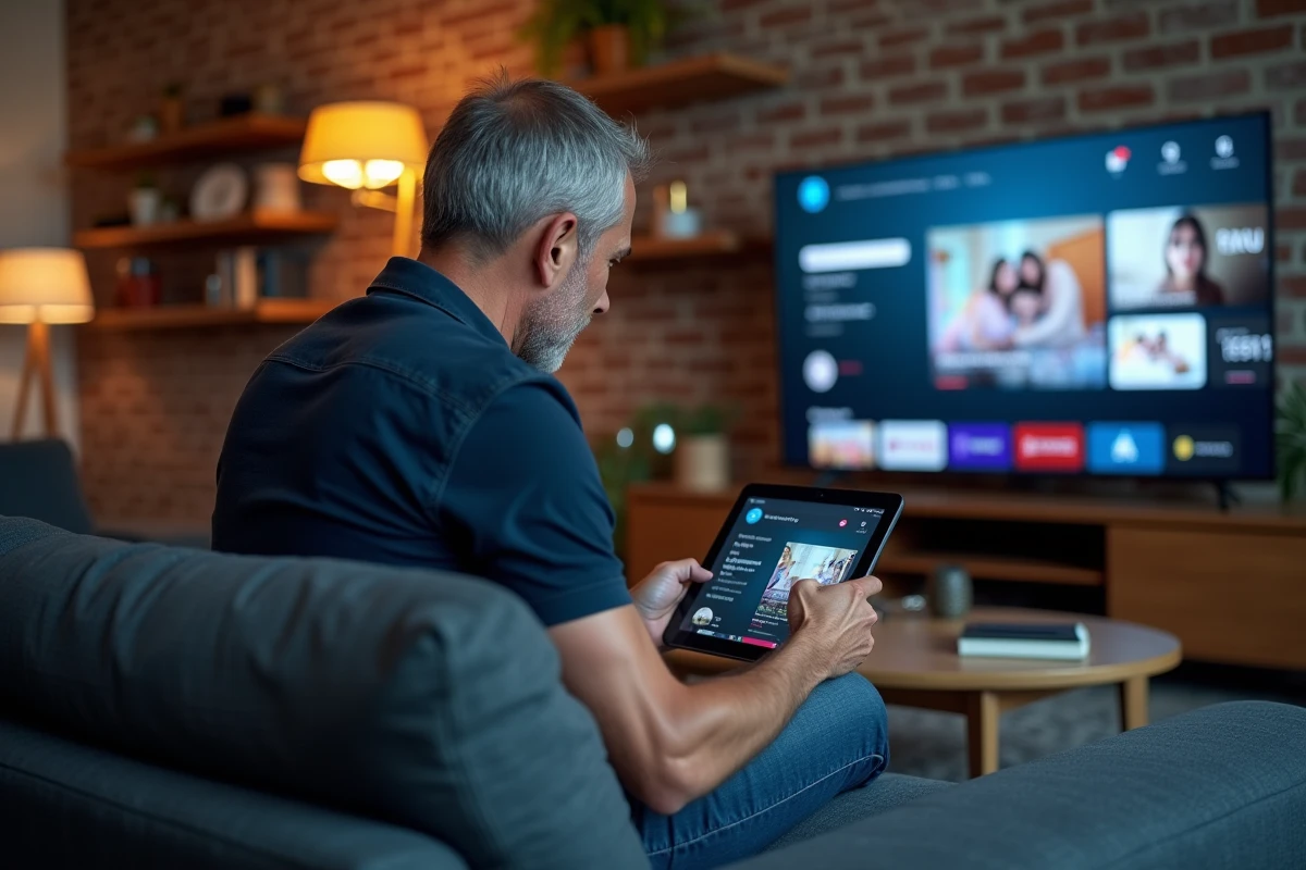 Homme utilisant une tablette pour choisir une application TV gratuite sur sa Smart TV dans un appartement urbain