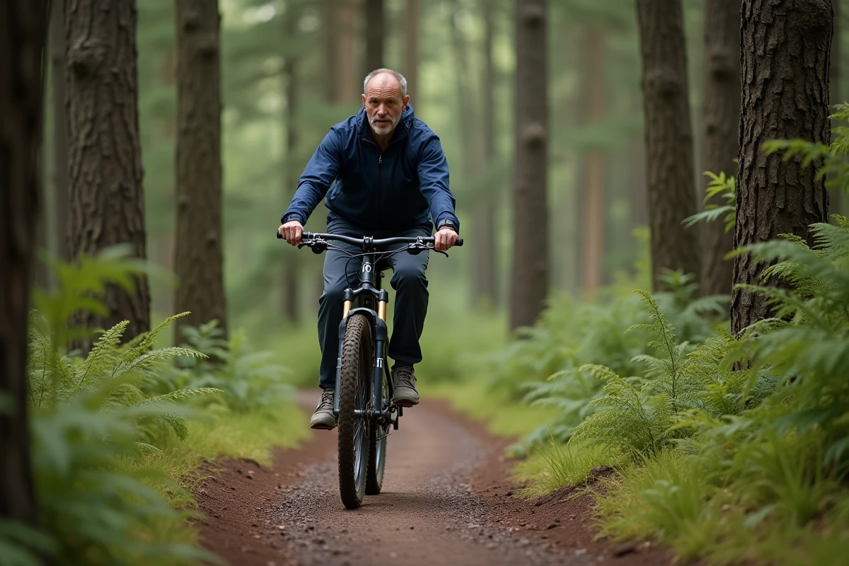 Homme en VTT sur un sentier forestier