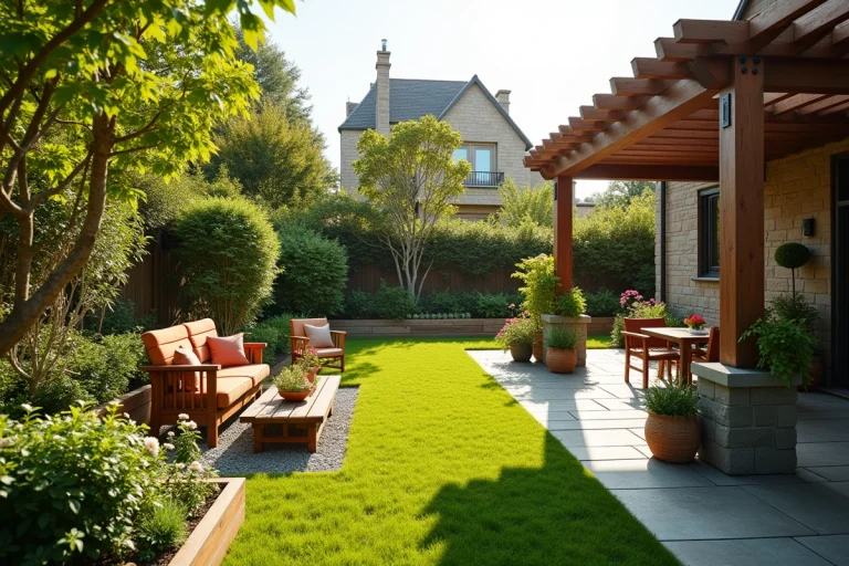 Vue d'ensemble d'un jardin résidentiel aménagé avec pergola, allées, potager surélevé et végétation variée pour profiter de l'espace toute l'année