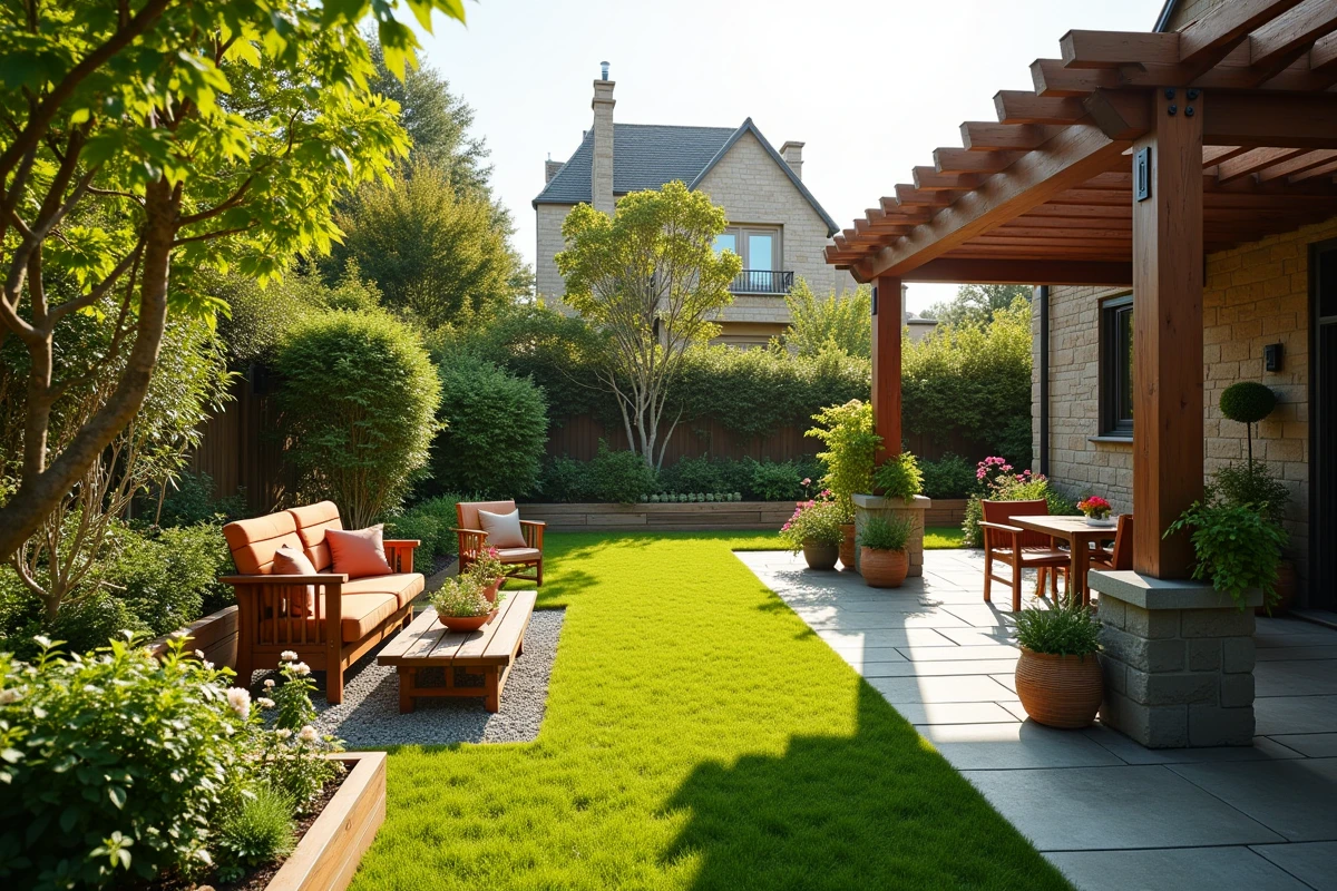 Vue d'ensemble d'un jardin résidentiel aménagé avec pergola, allées, potager surélevé et végétation variée pour profiter de l'espace toute l'année