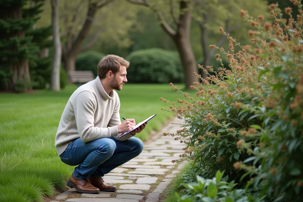 Jeune homme étudie un buisson sans fleurs dans le jardin