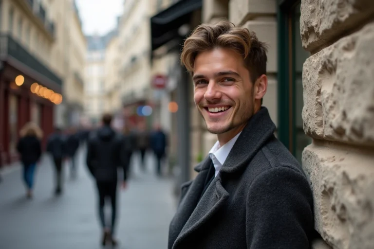 Jeune homme souriant dans une rue parisienne