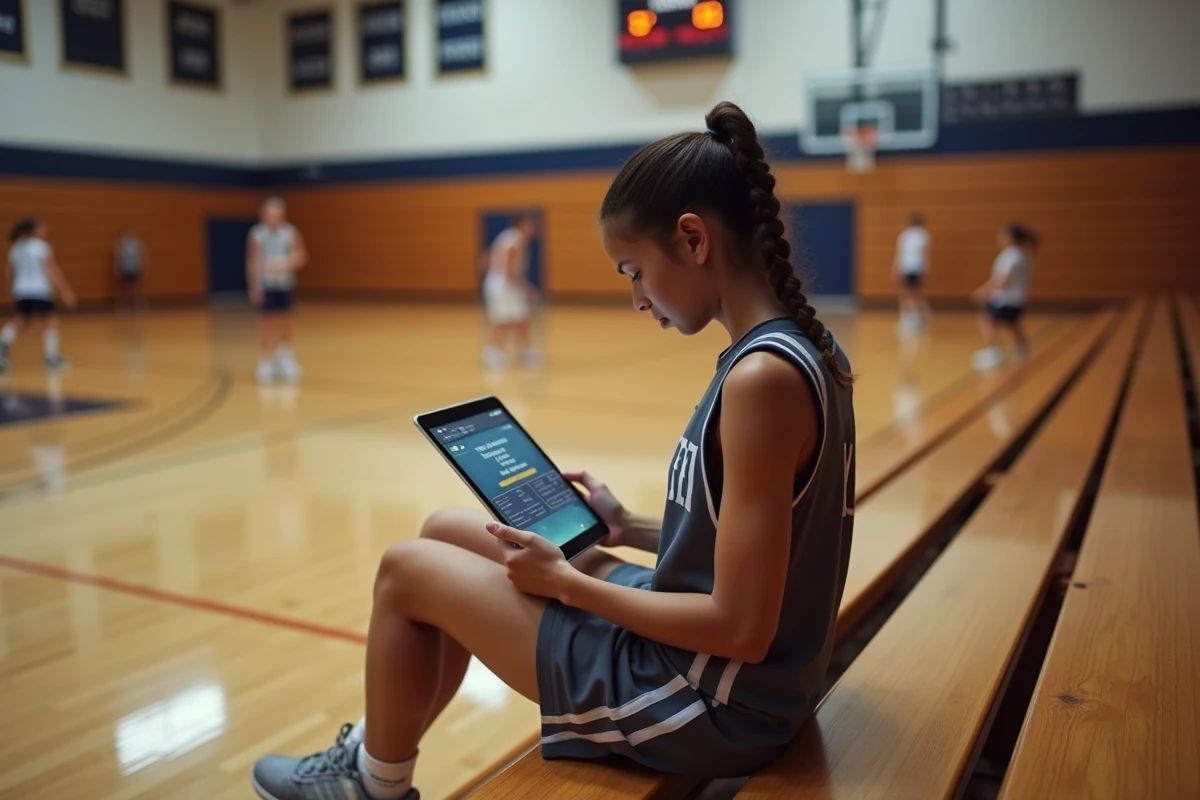 Jeune joueuse de basketball utilisant une tablette dans le gymnase