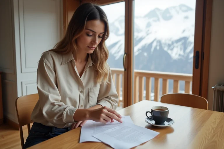 Femme examinant un contrat de location d'appartement à Saint-Gervais avec vue sur les Alpes