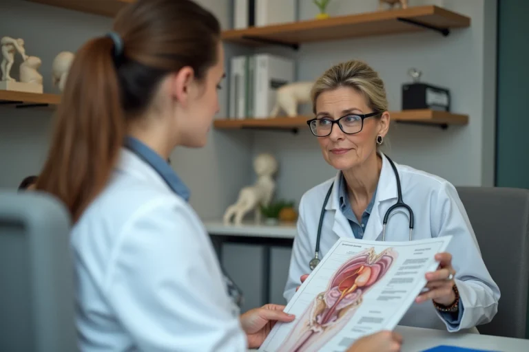 Médecin femme examinant un diagramme pelvien en cabinet