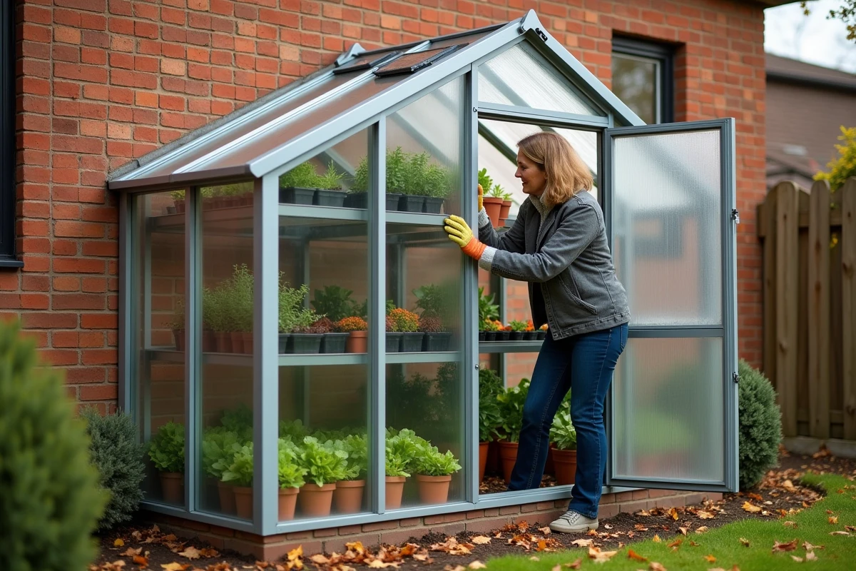 Micro-serre adossée au mur d'une maison avec structure en aluminium et panneaux polycarbonate, intérieur garni de salades, herbes aromatiques et semis