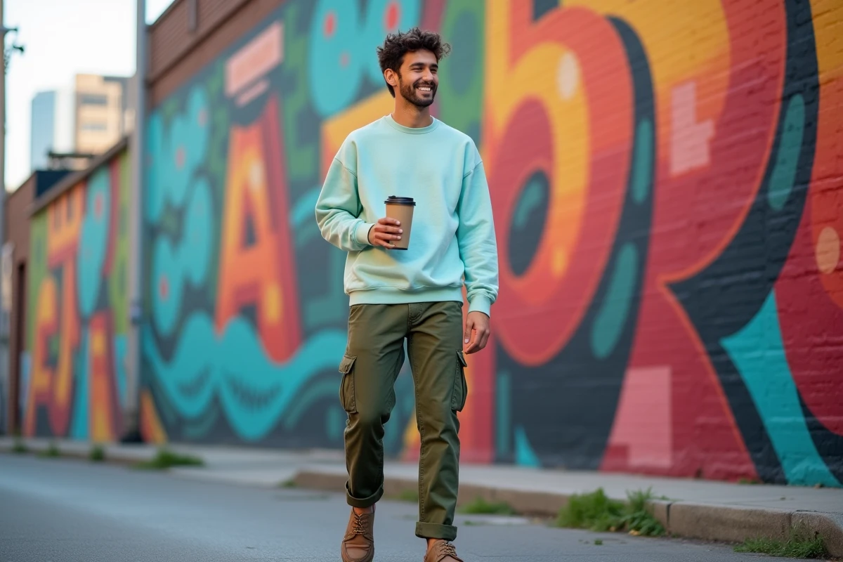 Jeune homme stylé en tenue tendance devant un mural urbain coloré, représentant la mode et la culture jeune en 2024