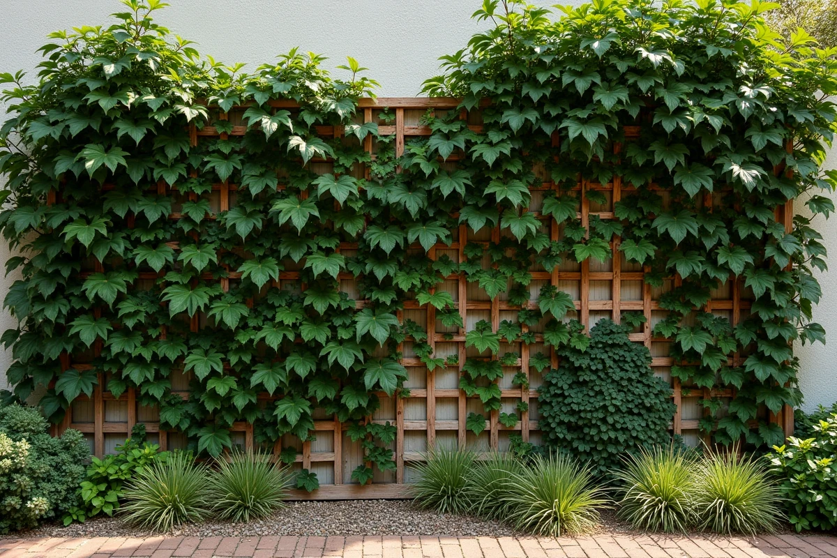 Mur végétal extérieur recouvert de plantes grimpantes comme le lierre et la vigne vierge sur un treillis en bois fixé à une facade de maison