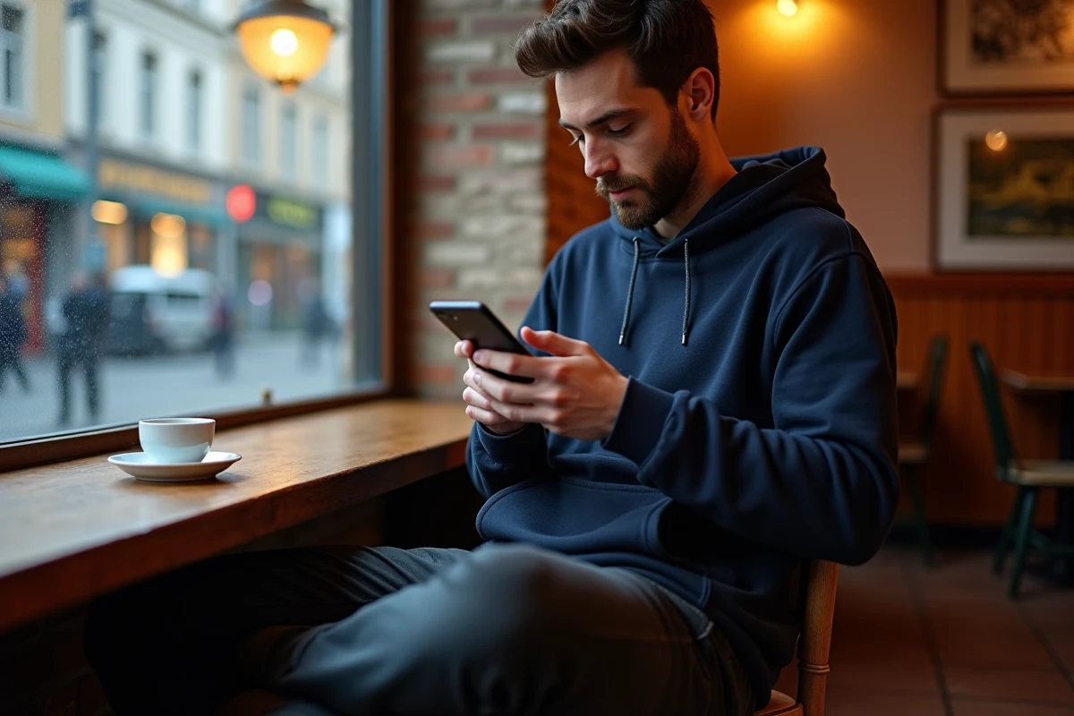 Homme recherchant des offres de voyage pas cher sur son téléphone dans un café à Nantes