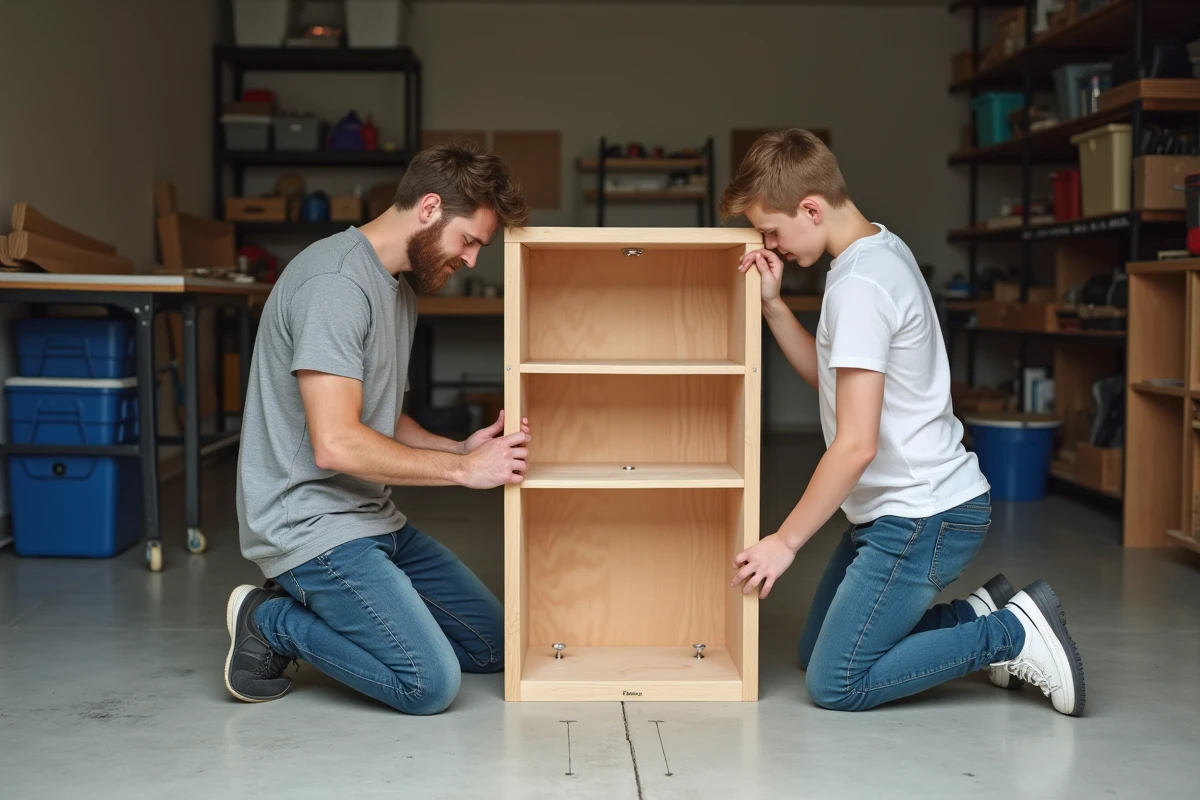 Pere et fils assemblant une étagère en bois dans un garage organisé