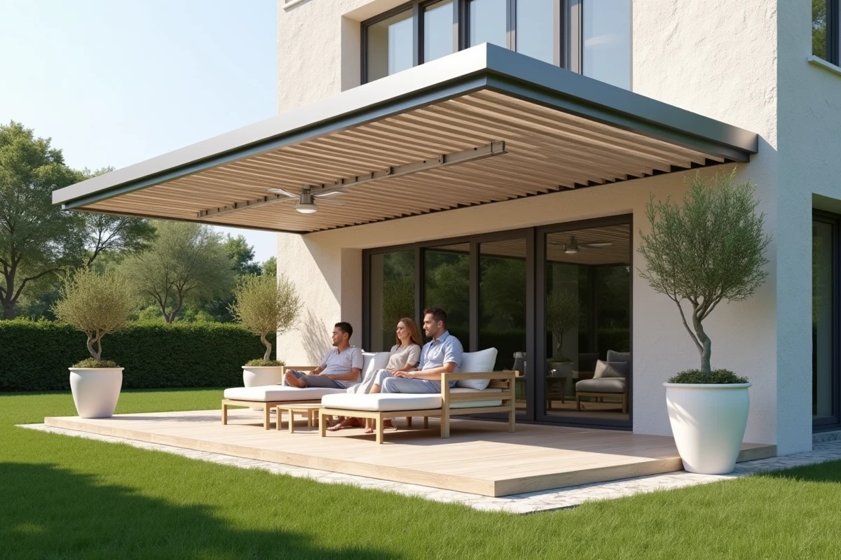 Pergola bioclimatique avec lames orientables en aluminium installée dans un jardin moderne, couple assis en dessous sur une terrasse en bois