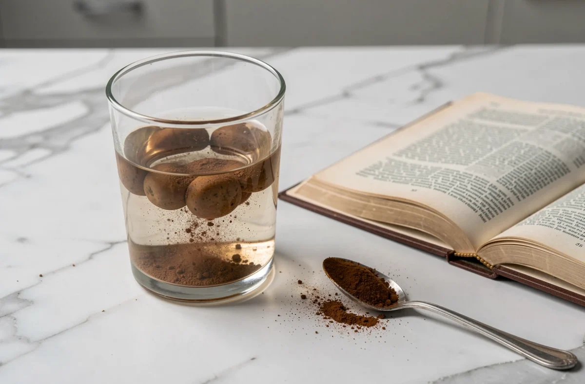 Verre d'eau avec poudre de haritaki en dissolution, livre sur l'Ayurveda et cuillère sur un comptoir en marbre, évoquant les usages et précautions d'emploi du haritaki