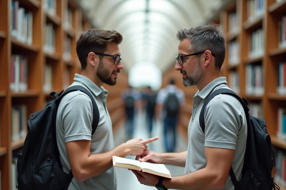 Professeur expliquant un concept éducatif à un étudiant dans une bibliothèque universitaire