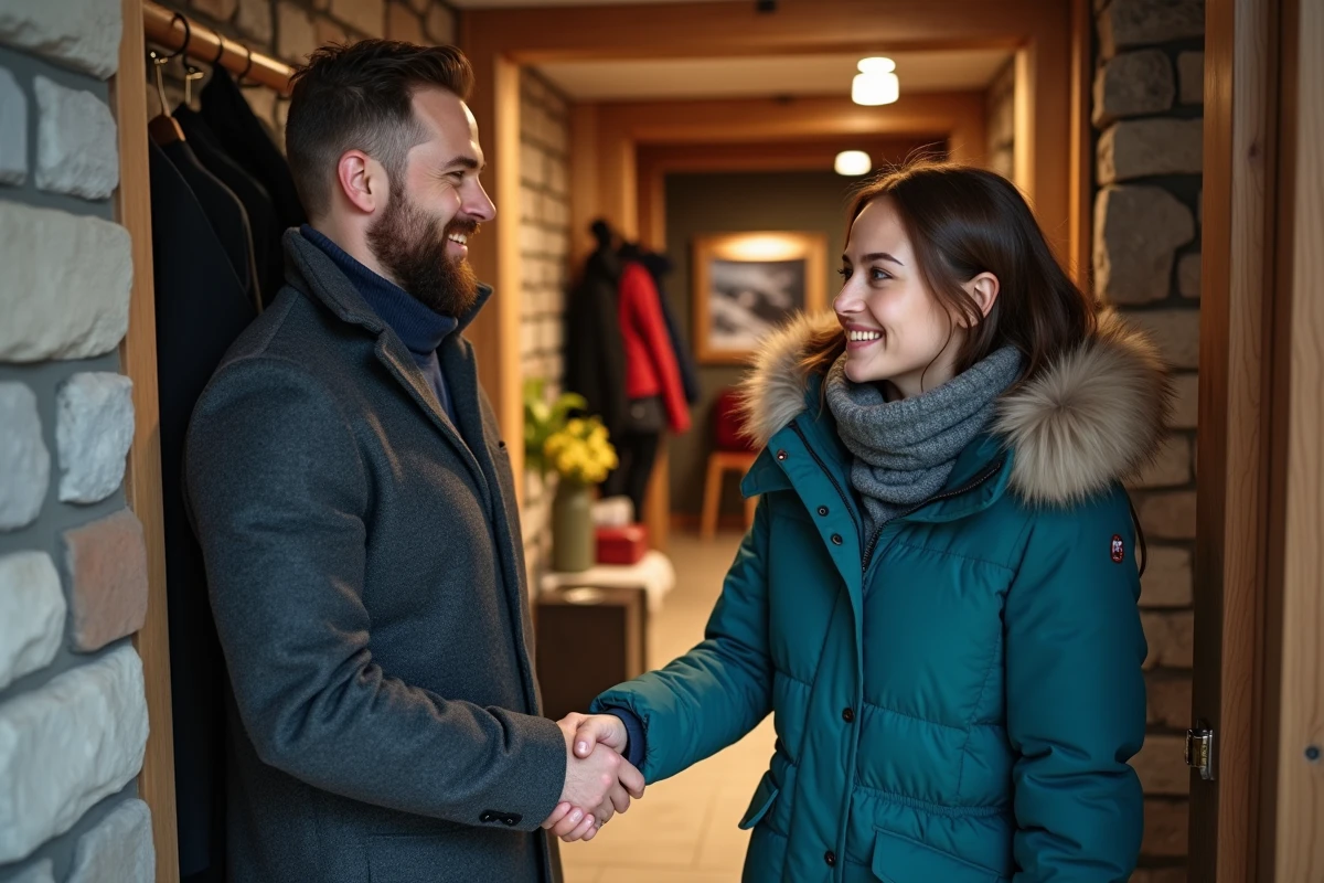 Agent immobilier remettant les clés d'un appartement en location à Saint-Gervais à une locataire