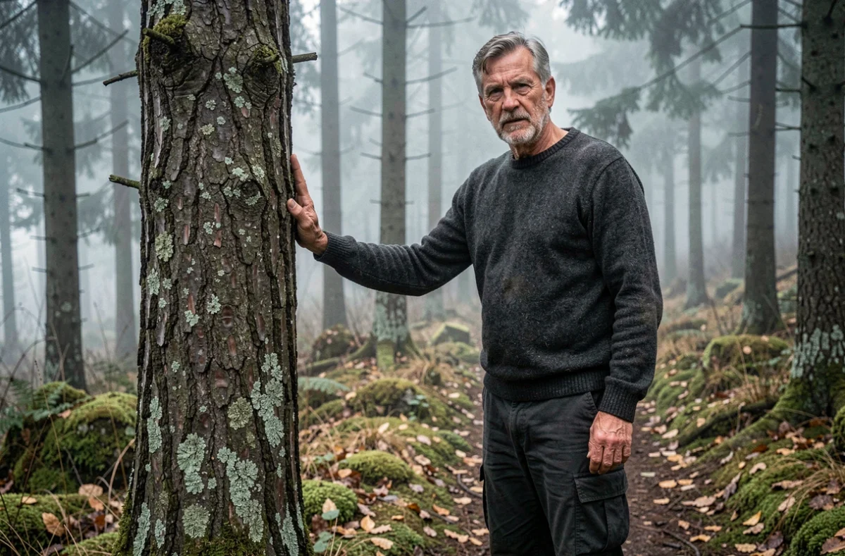 Homme mature en forêt brumeuse appuyé contre un arbre, symbole de résilience et de capacité humaine à surmonter les difficultés