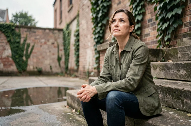 Femme pensive assise sur des marches urbaines en béton, illustrant la résilience humaine face aux épreuves de la vie