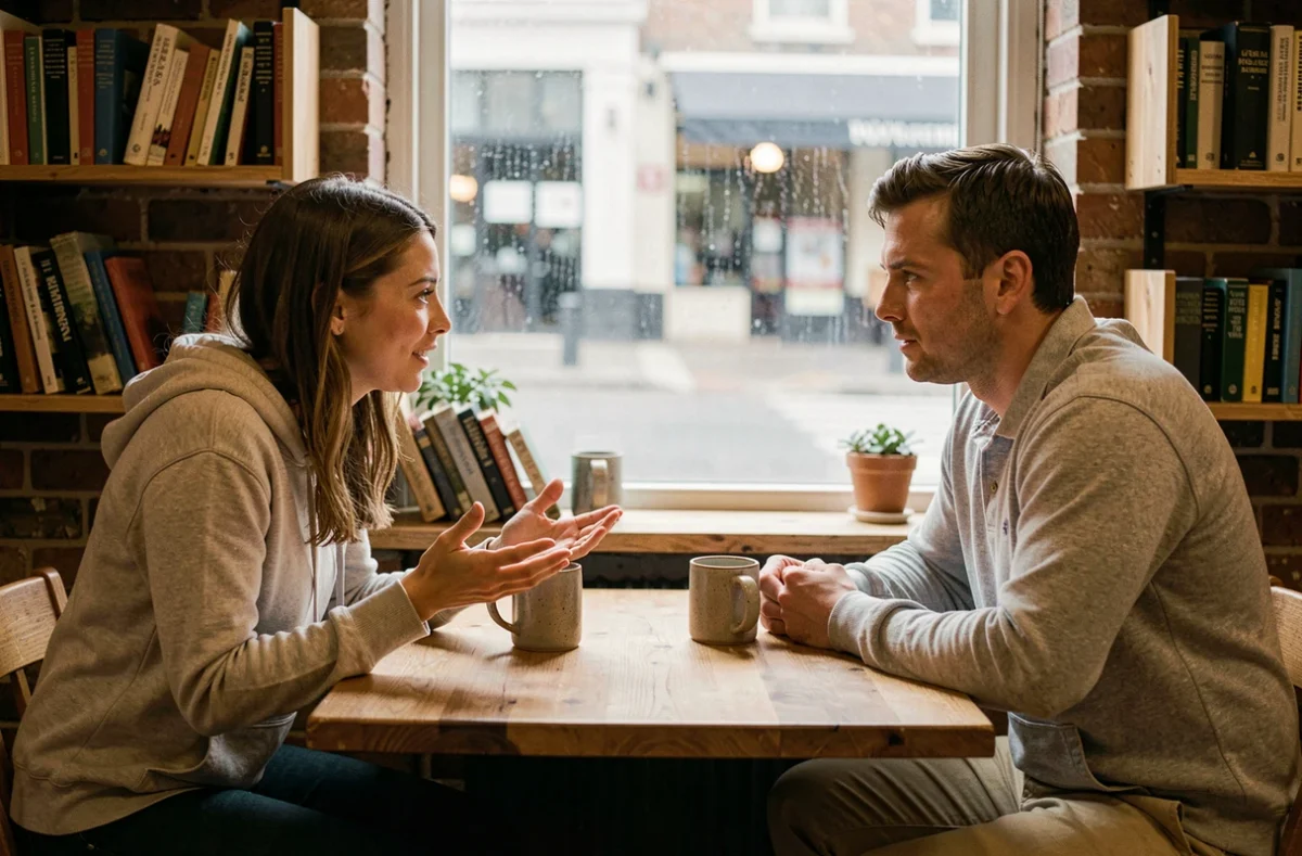 Deux jeunes adultes en conversation profonde dans un café, illustrant le soutien social comme pilier de la résilience humaine