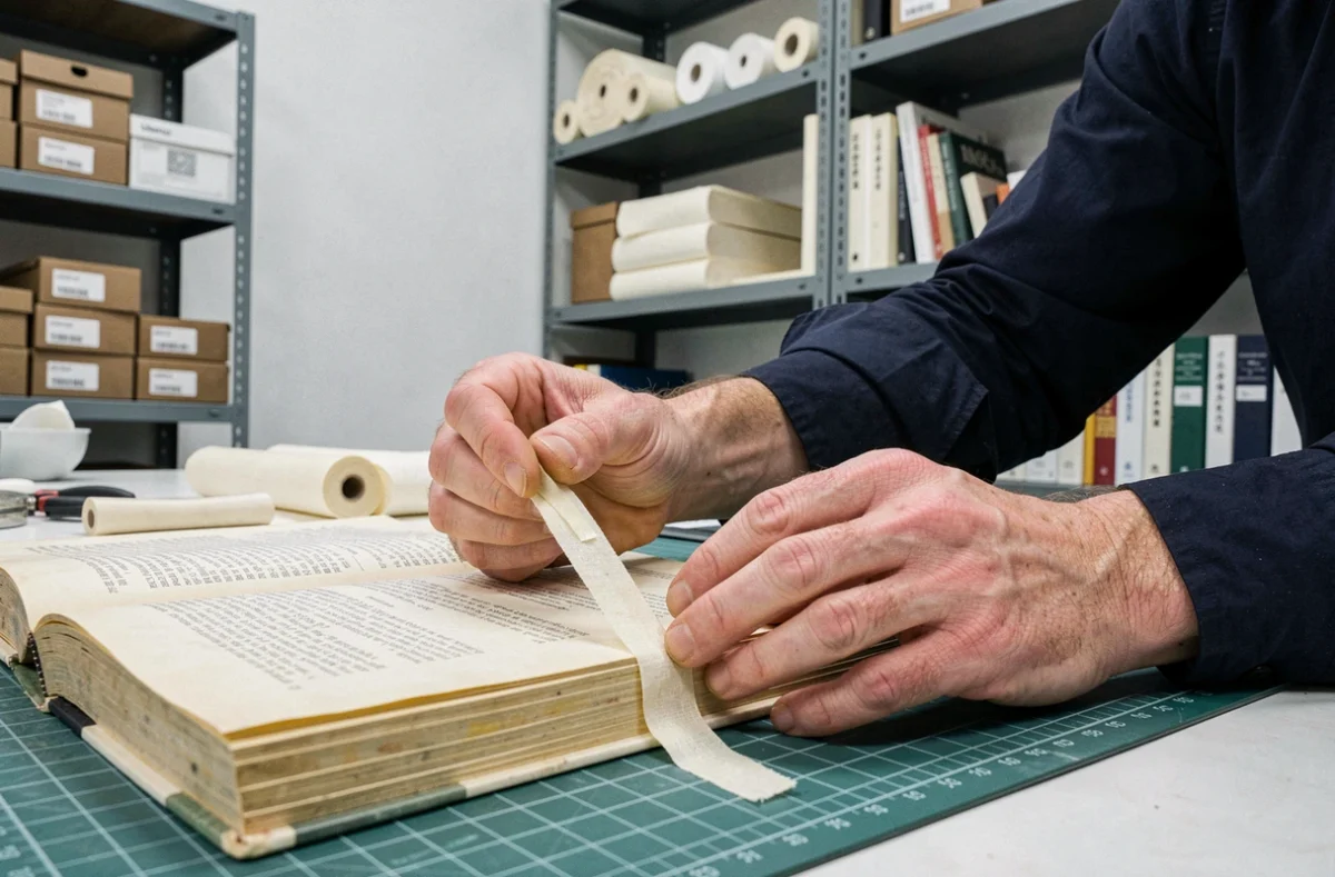 Restaurateur de livres utilisant du ruban en lin archivistique et un plioir en os pour réparer la tranche abîmée d'un livre ancien sur un établi de conservation
