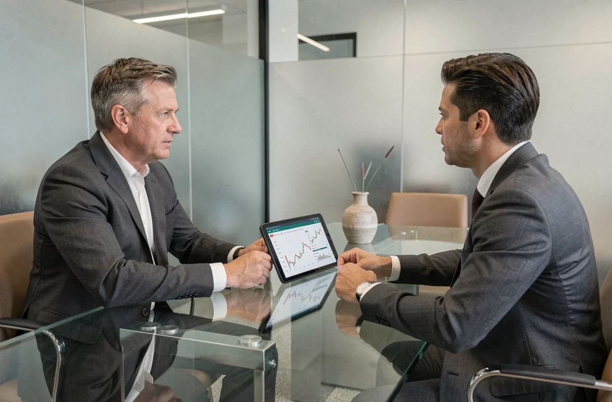 Investisseur en réunion avec un conseiller financier pour planifier une stratégie d'investissement et de gestion de patrimoine