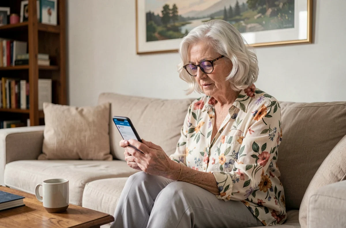 Une femme âgée consultant une application de santé sur son smartphone dans son salon, représentant l'autonomie des seniors grâce aux services numériques de santé