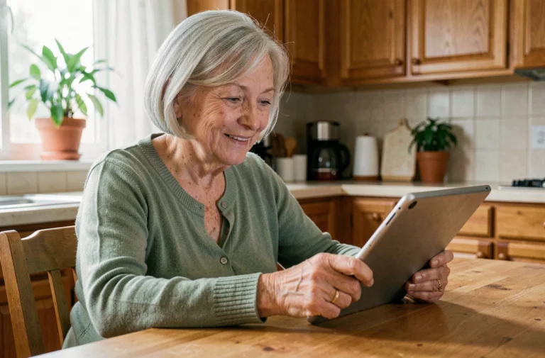 Une femme senior souriante utilisant une tablette numérique dans sa cuisine, illustrant l'accessibilité des services numériques pour les personnes âgées