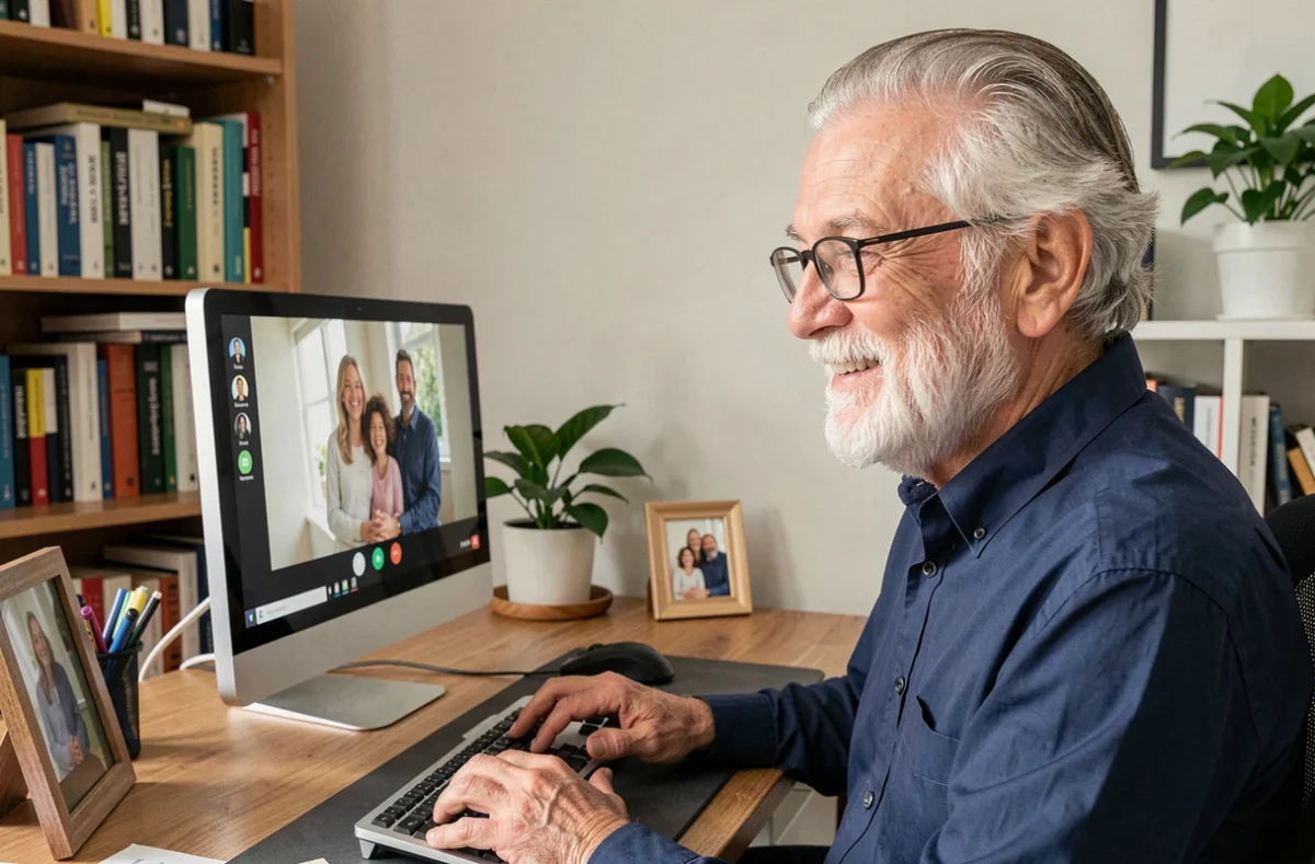 Un homme senior en visioconférence avec sa famille depuis son bureau à domicile, symbolisant la connexion sociale permise par les outils numériques pour les seniors