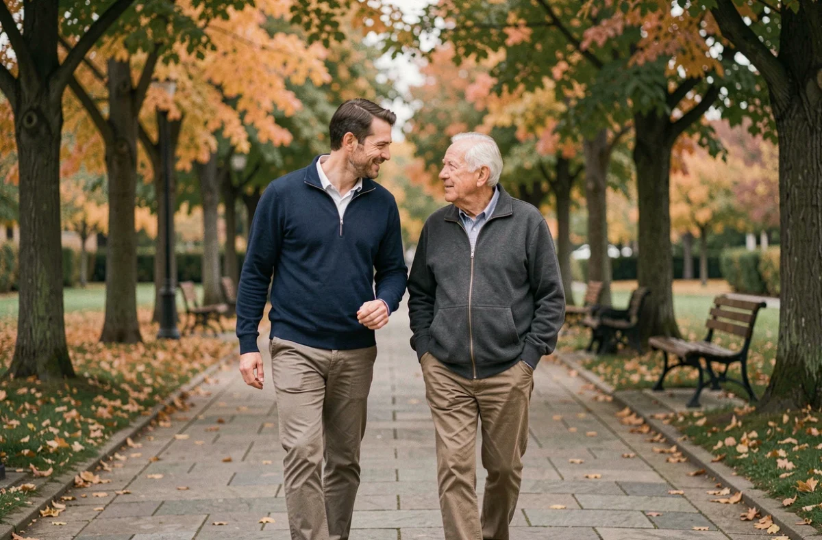 Un fils accompagnant son père âgé lors d'une promenade en parc, symbolisant le soutien et les conseils pratiques pour aider les parents seniors dans leur vie quotidienne