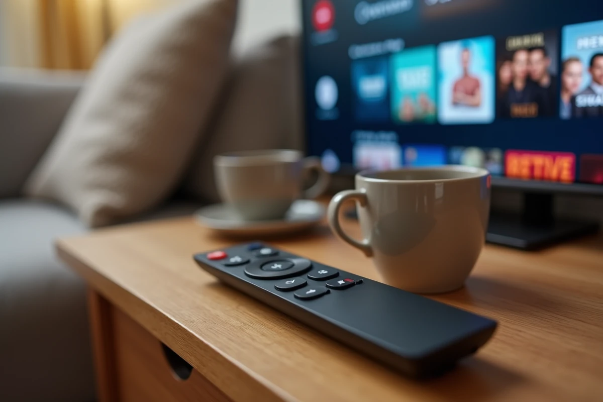 Télécommande de Smart TV posée sur une table en bois avec une application TV gratuite visible sur l'écran en arrière-plan