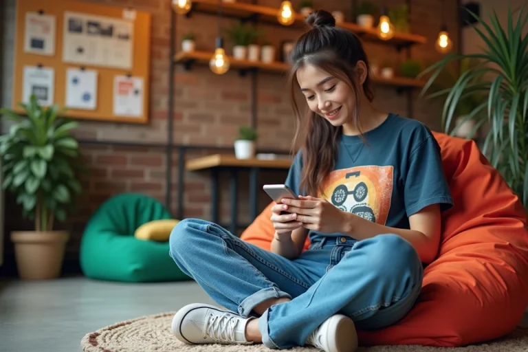 Jeune femme branchée consultant son smartphone dans un espace de coworking moderne, illustrant les tendances jeunes 2024