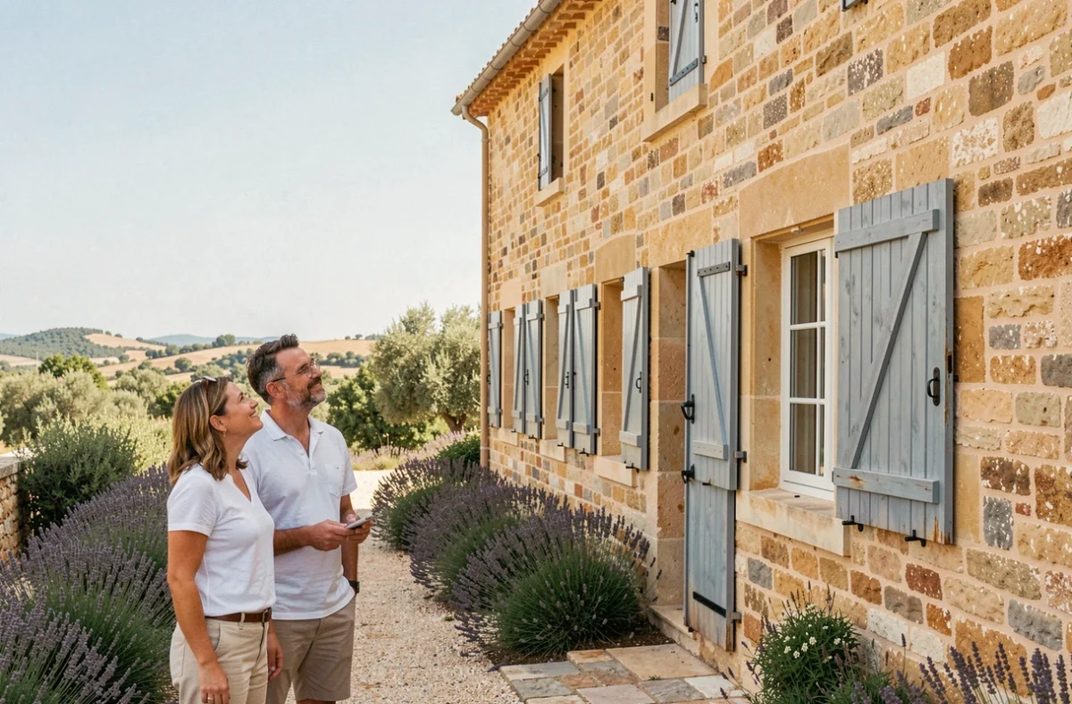 Couple visitant une maison en pierre typique à vendre aux abords de Pézenas