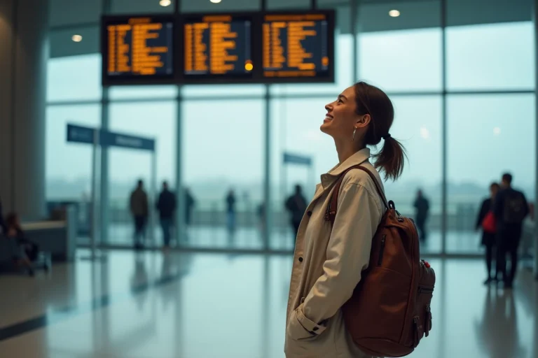 Femme consultant le tableau des départs à l'aéroport de Nantes pour un voyage de dernière minute