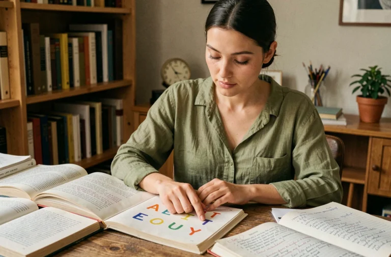 Jeune femme étudiant les voyelles de l'alphabet français dans des livres de grammaire ouverts sur un bureau en bois