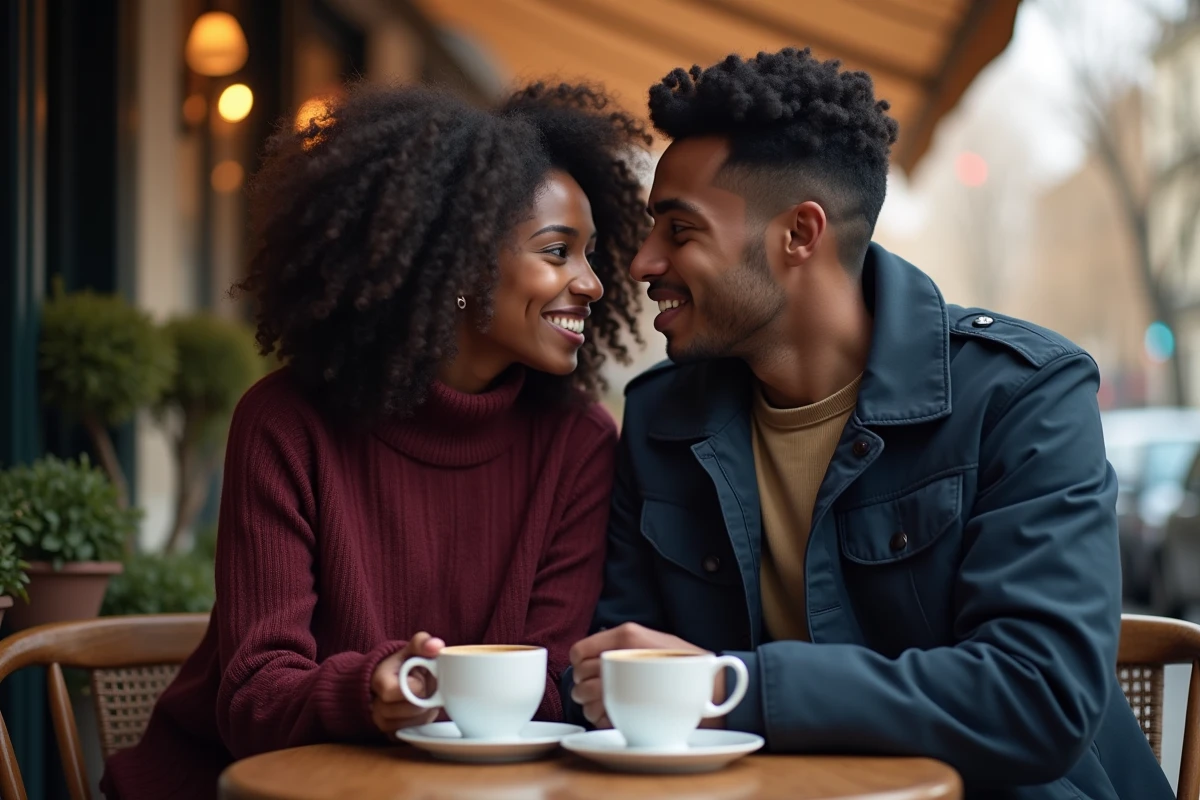 Couple complice partageant un café en terrasse parisienne, moment intime et authentique de vie amoureuse