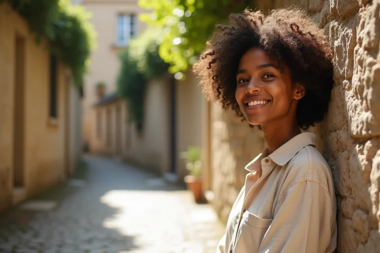 Jeune femme aux cheveux bouclés souriante dans une cour parisienne en pierre, ambiance romantique et intimiste
