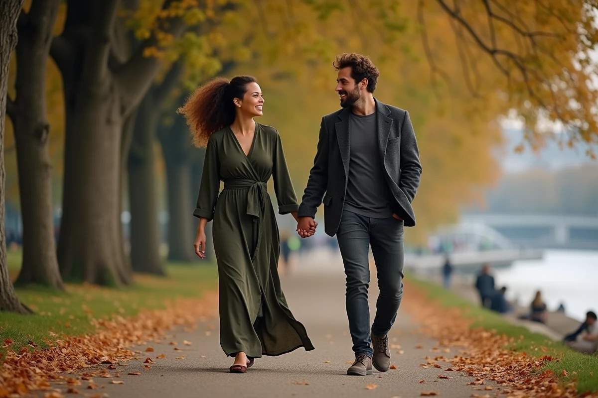 Couple se promenant main dans la main le long de la Seine en automne, ambiance romantique et naturelle à Paris
